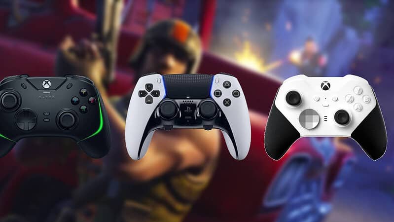 Three gaming controllers, voted the best for Fortnite, are placed in front of a blurred background with hints of a gaming scene.