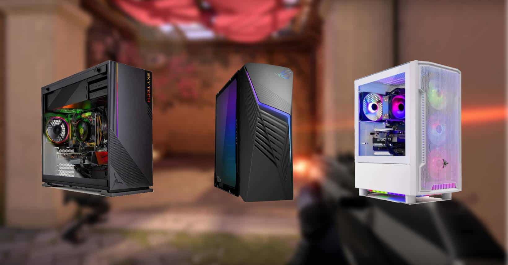 Three different styles of desktop gaming computers with the leftmost one being the best gaming PC for Valorant, having its side panel removed to show the internal components.