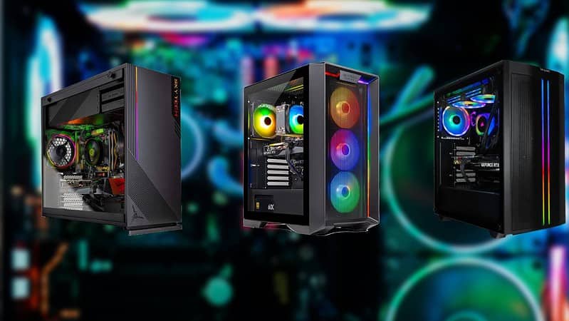 Three best gaming desktop computers under $1500 with RGB lighting on a dark background.