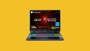 Acer Nitro laptop, best gaming laptop for Apex Legends, on a yellow background.