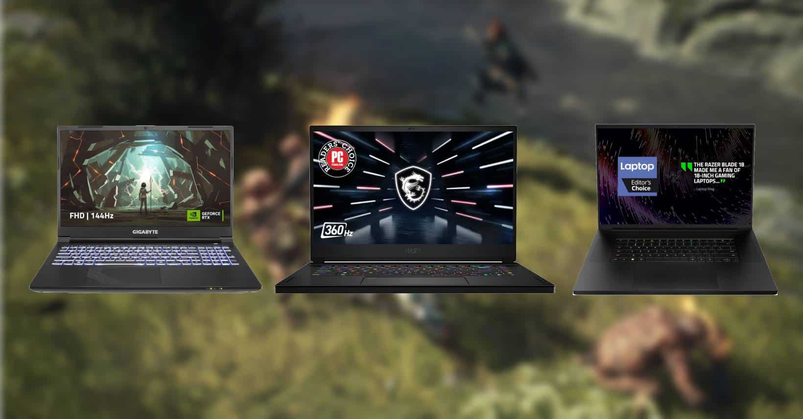 Three gaming laptops on a rocky surface, each displaying different gaming-related graphics including the best gaming laptop for Dragon's Dogma 2 on their screens.