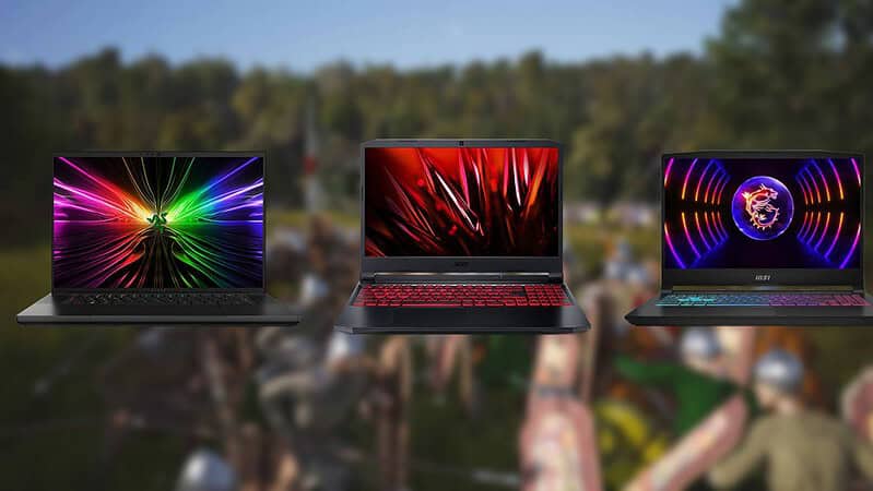 Three of the best gaming laptops for Manor Lords 2024, featuring vibrant screen displays, hover above a blurred outdoor festival scene.