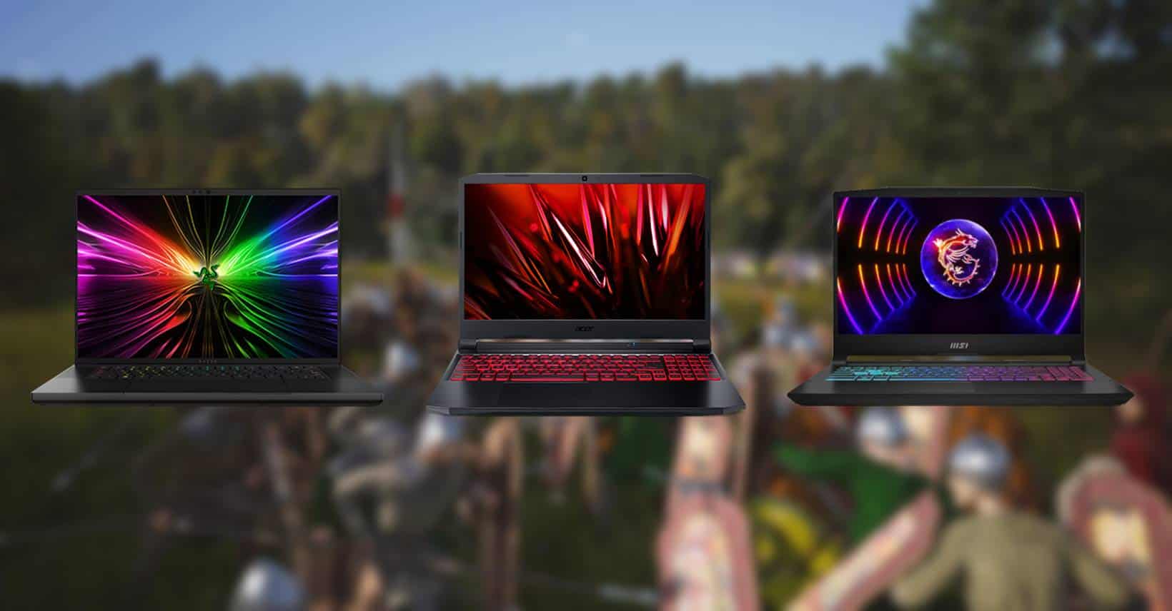 Three of the best gaming laptops for Manor Lords 2024, featuring vibrant screen displays, hover above a blurred outdoor festival scene.