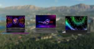 Three high-performance laptops, ideal for Cities Skylines 2, displaying colorful graphics, with a scenic mountain view in the background.