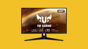 The best Asus gaming monitor for Armored Core 6 on a yellow background.
