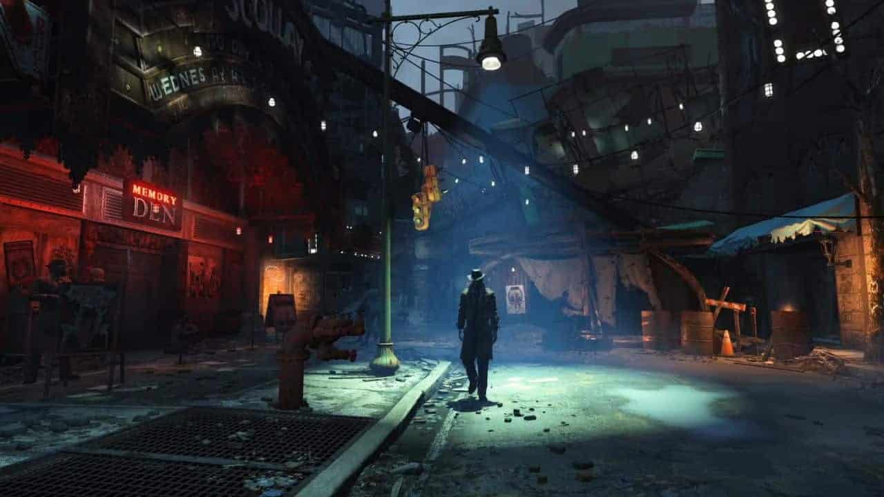 A dystopian city street scene in Fallout 4 at night with neon signs, debris, and a solitary figure in a trench coat and hat.