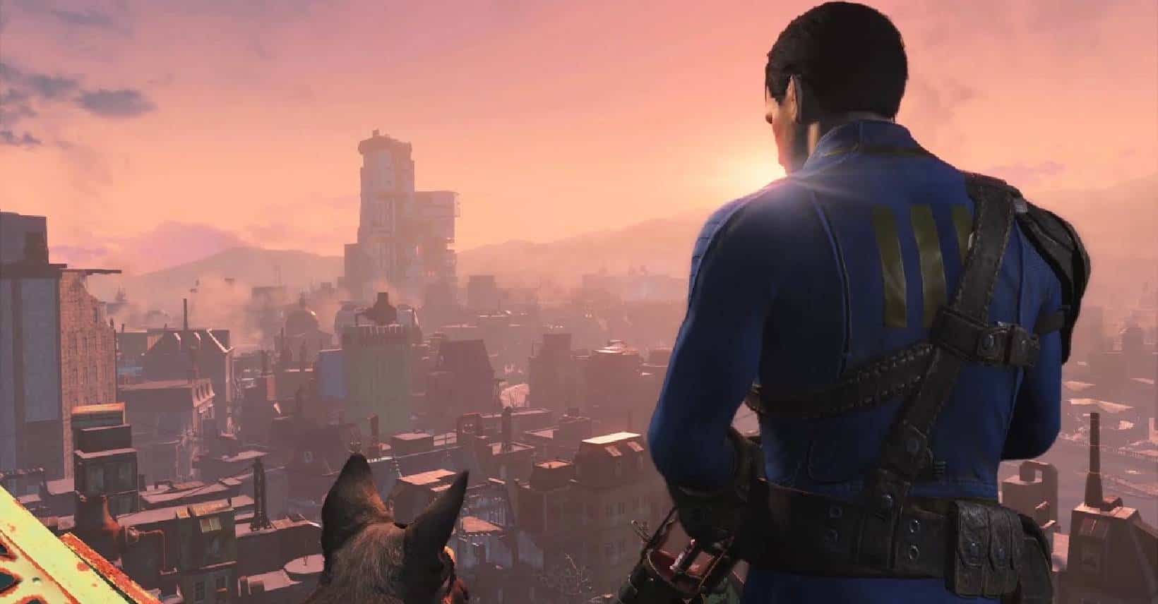 A man and his dog look out over a post-apocalyptic cityscape at sunset with the best graphics settings for Fallout 4.