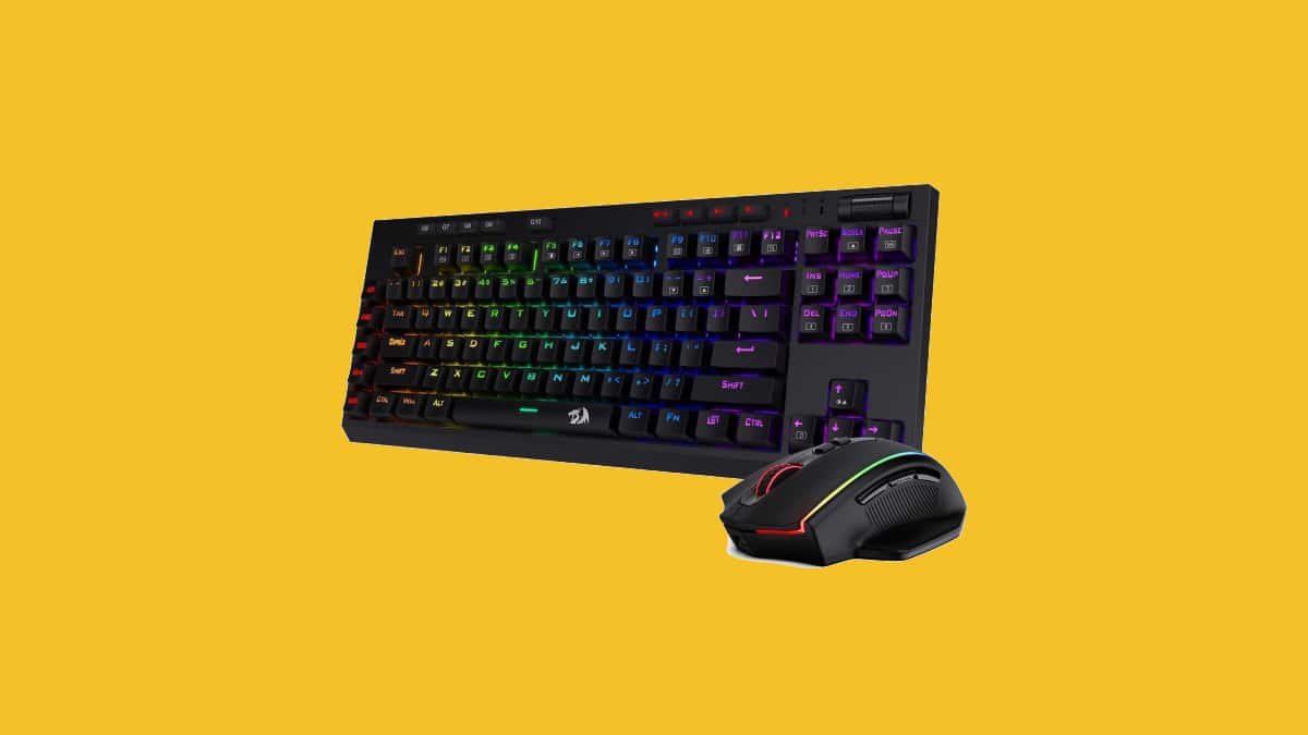 A gaming keyboard and mouse combo for Armored Core 6 on a yellow background.