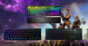 Three different backlit mechanical keyboards with customizable RGB lighting, ideal for the best keyboard for Fortnite, displayed against a blurred background featuring video game characters.