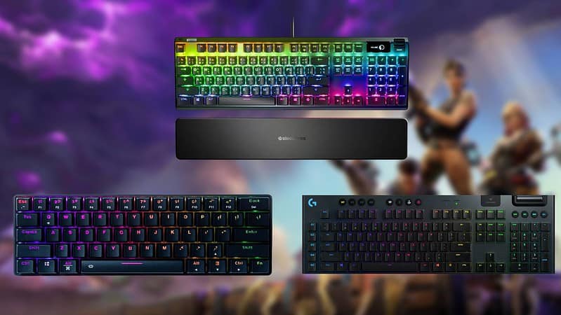 Three different backlit mechanical keyboards with customizable RGB lighting, ideal for the best keyboard for Fortnite, displayed against a blurred background featuring video game characters.