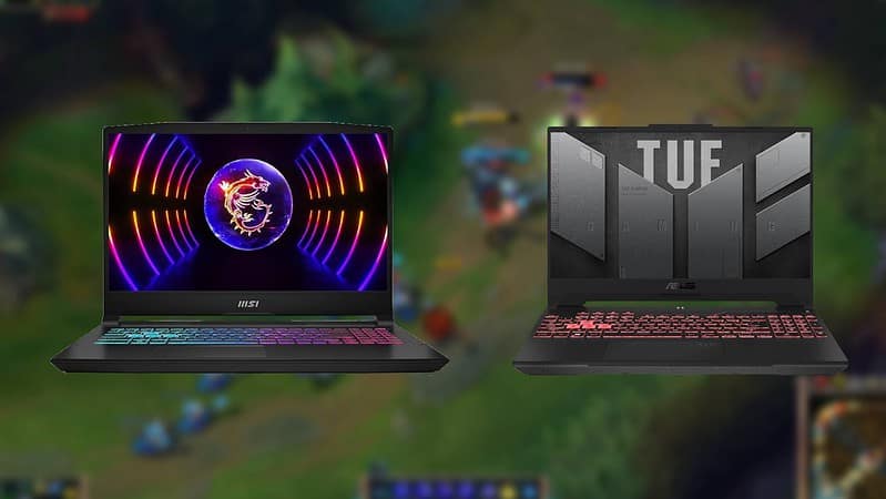 Two gaming laptops with colorful backlit keyboards and vibrant displays, perfect for the best experience in League of Legends, are seen against a blurred background of a video game scene.