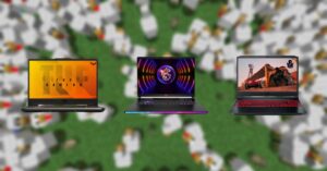 Three gaming laptops with colorful designs, perfect as the best laptop for Minecraft, displayed against a blurred background of numerous laptop keyboards.