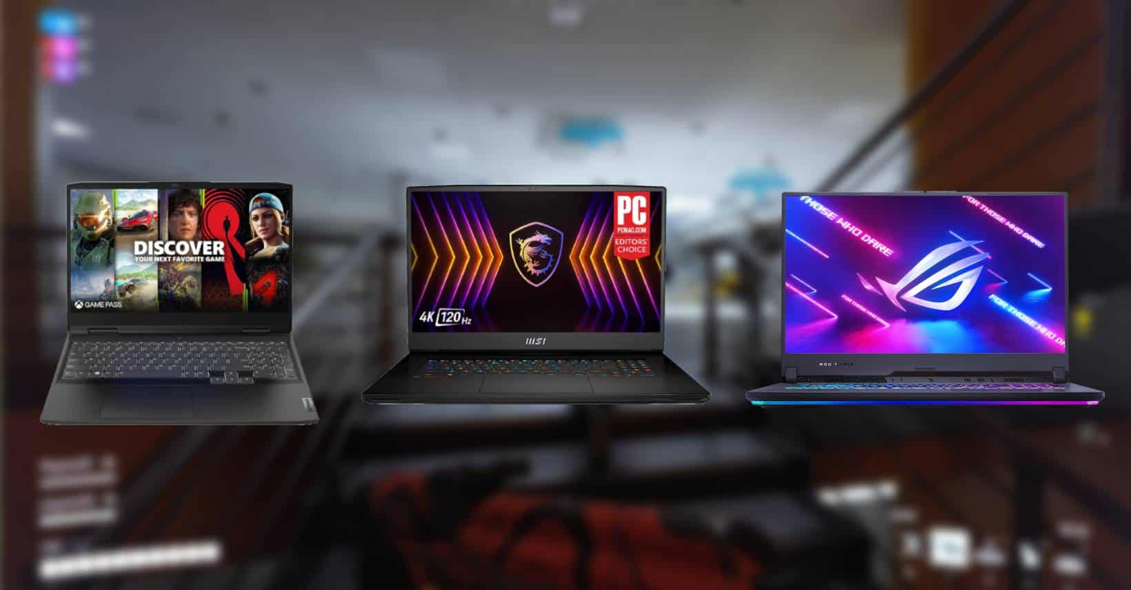 Three best high-performance gaming laptops for The Finals displayed with brand logos and vibrant screens.
