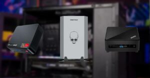 Three models of the best MSI mini gaming PC towers with varying designs displayed against a blurred colorful background.