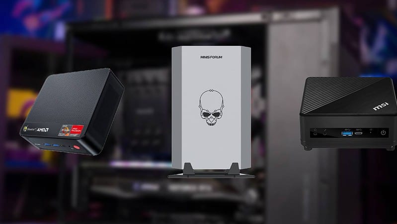 Three models of the best MSI mini gaming PC towers with varying designs displayed against a blurred colorful background.