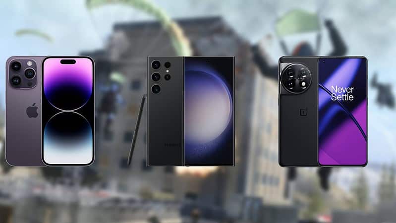 A comparison of three smartphones from different brands, showcasing their camera designs, branding, and which is the best phone for Warzone Mobile 2024.