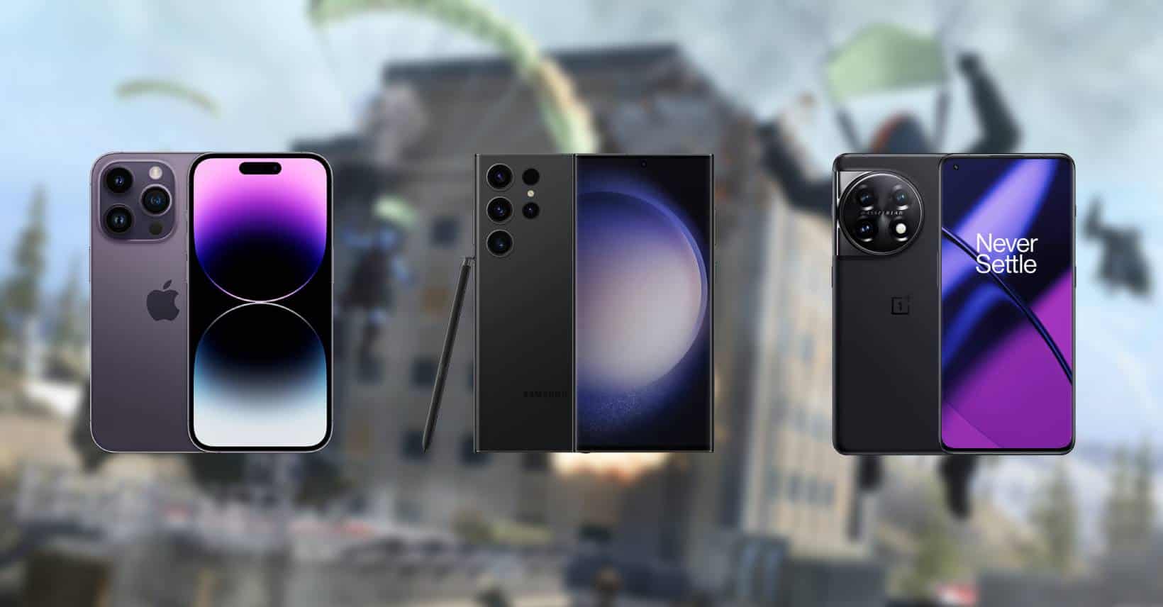 A comparison of three smartphones from different brands, showcasing their camera designs, branding, and which is the best phone for Warzone Mobile 2024.