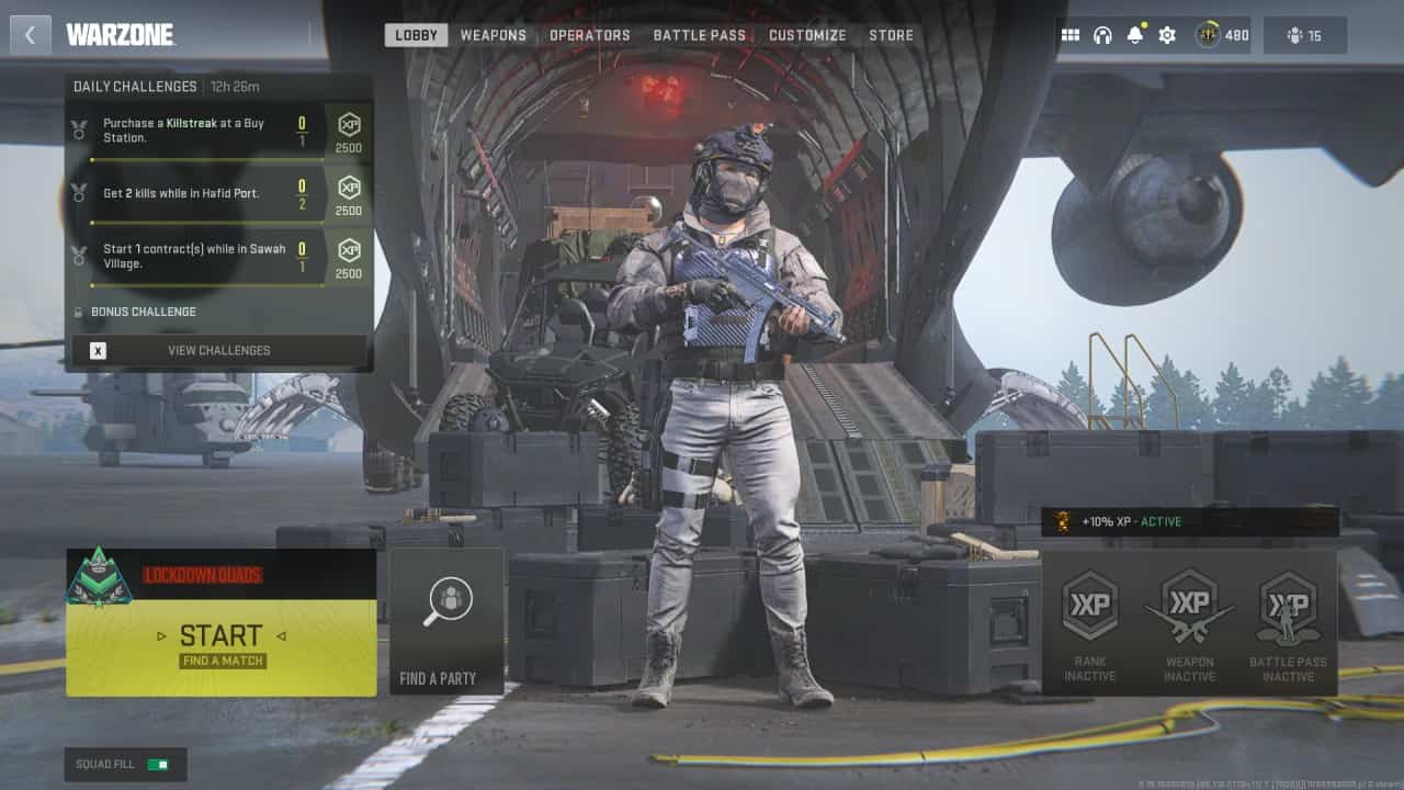 A soldier's screen shot in front of a plane, featuring the best Warzone 2 ranked loadouts.