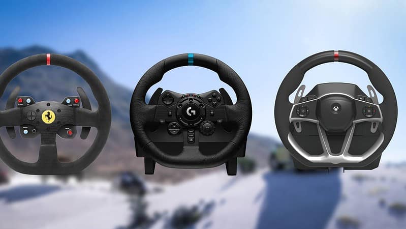 Three racing steering wheels in front of a mountain, perfect for Forza enthusiasts.