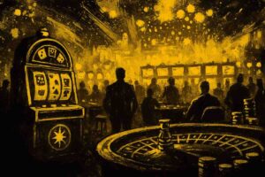Casinotisch mit Chips, Slots und Menschen