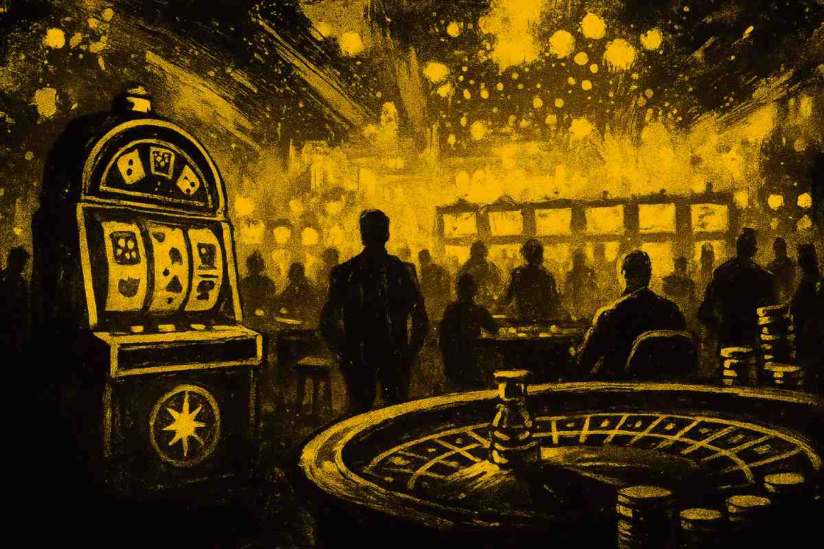 Casinotisch mit Chips, Slots und Menschen