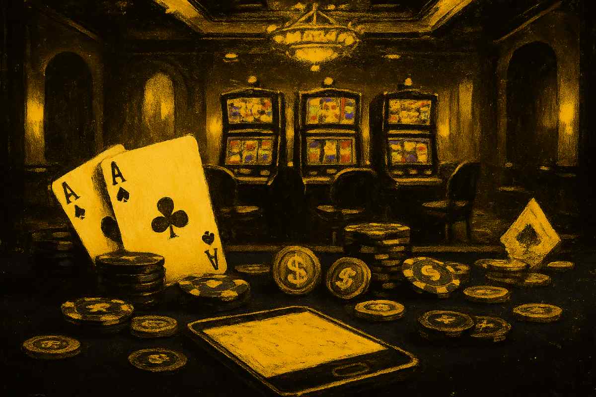 Casinotisch mit Chips, Slots, Pokerkarten und Smartphone