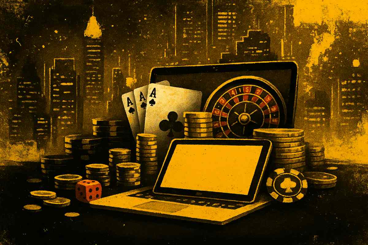 Schreibtisch mit Chips, Laptop, Tablet und Pokerkarten