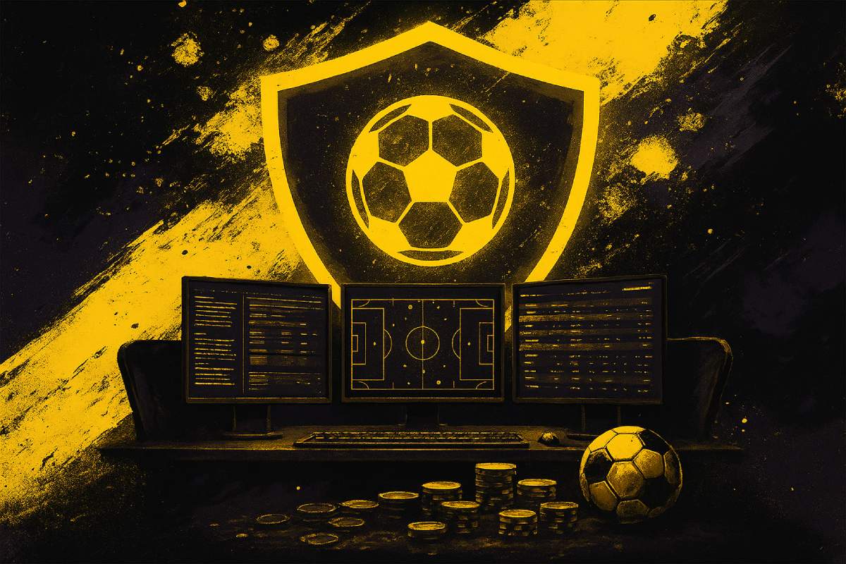 Casinotisch mit Chips, Bildschirmen, Fußball und Wappen mit Fußballsymbol