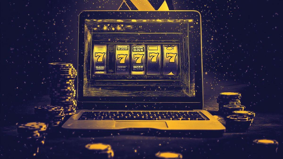 Laptop mit Slot Reels im Bildschirm und Casino Chips
