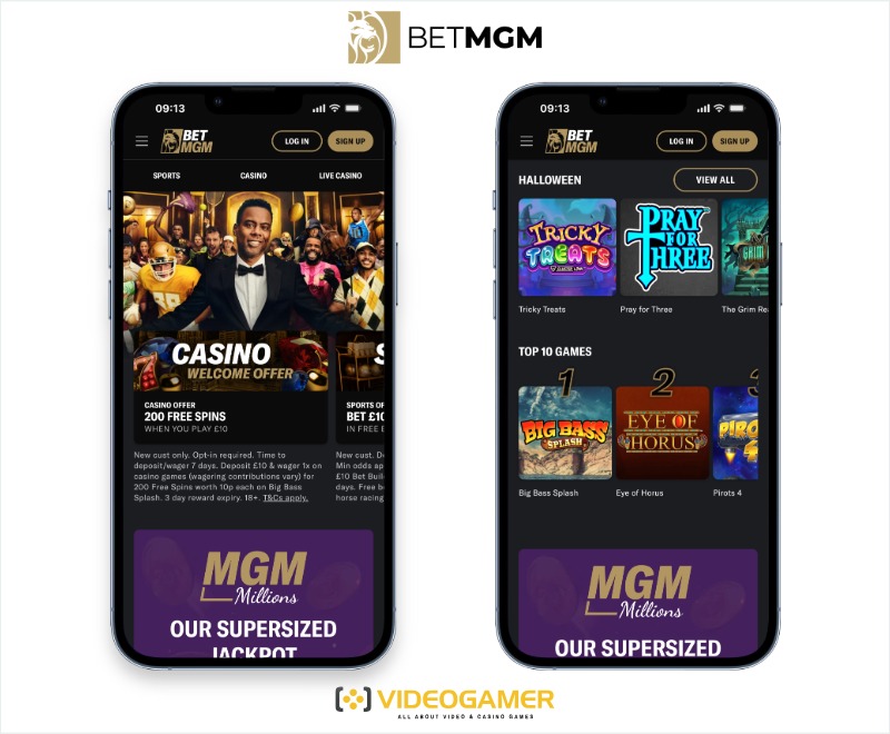 BetMGM - a European Non GamStop Casino - here displayed on mobile in two different views side by side.