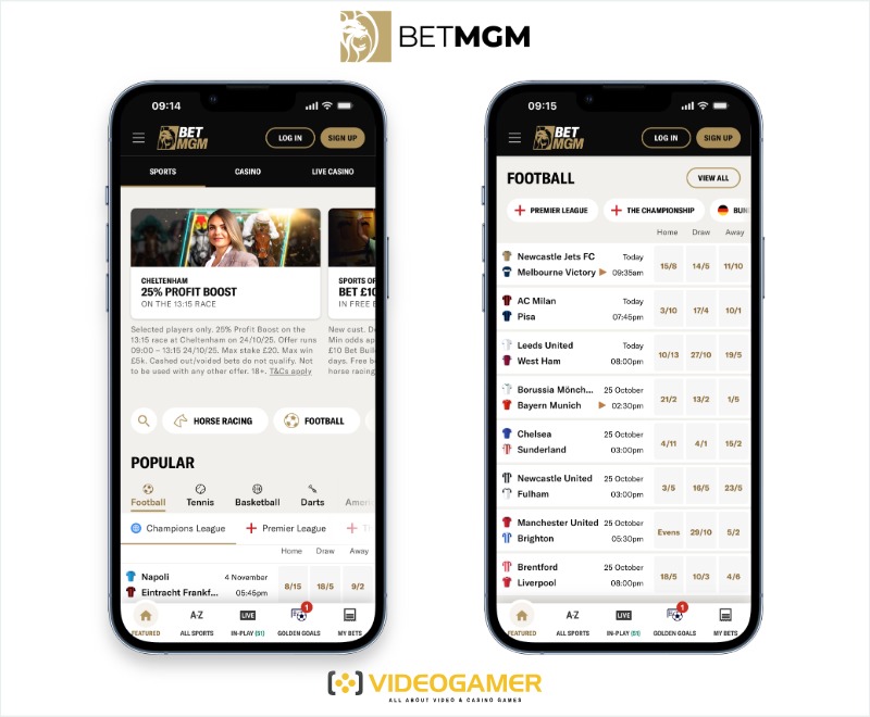 Two smartphone screens displaying the BetMGM betting app, offering football betting on popular leagues like the Premier League and Champions League. Features like profit boosts and in-play betting make it a top choice among betting apps UK users.