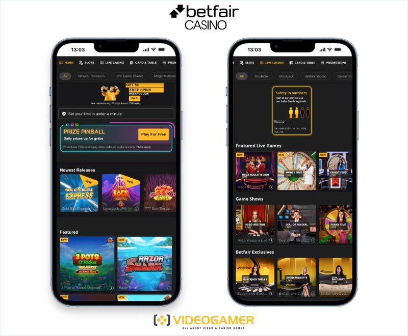 Images of a mobile phone showing the live casino section of the Betfair casino