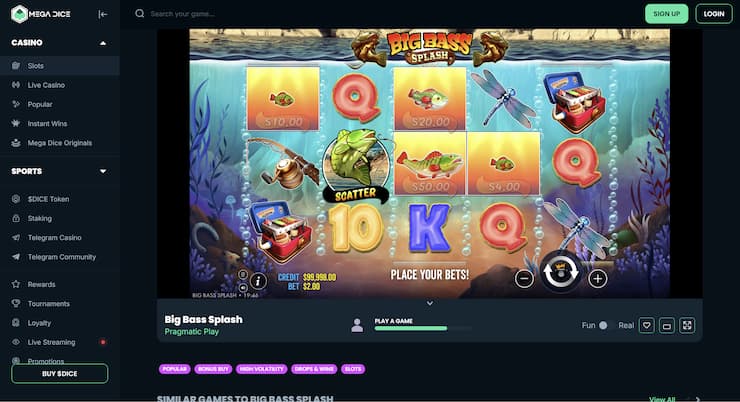 An image showing playing Big Bass Splash at Mega Dice.