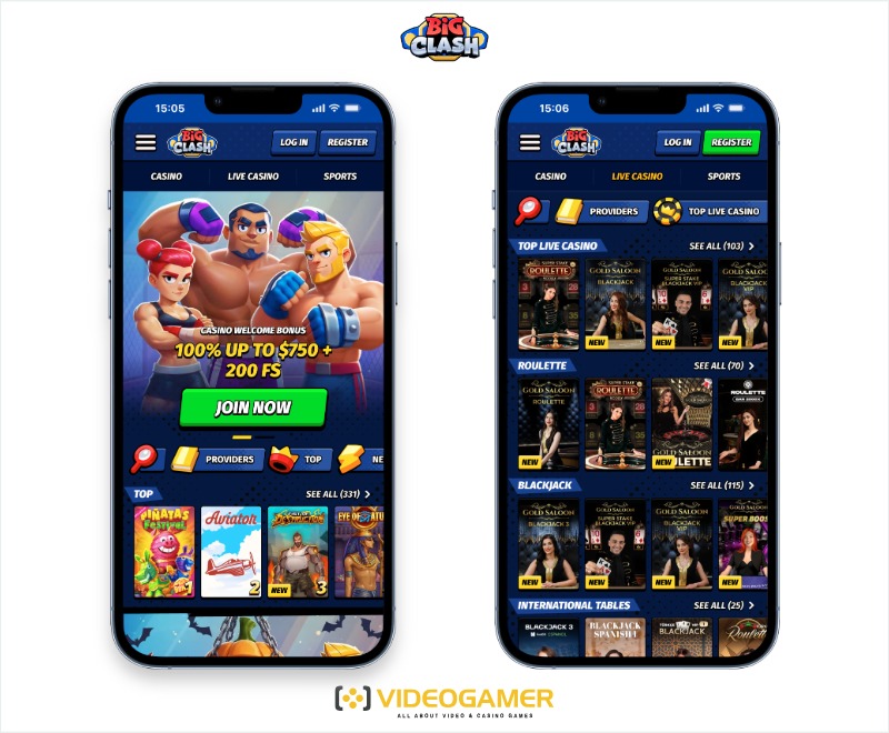 Mobile previews of Big Clash, featuring navigation menus for 'Top' online pokies in New Zealand