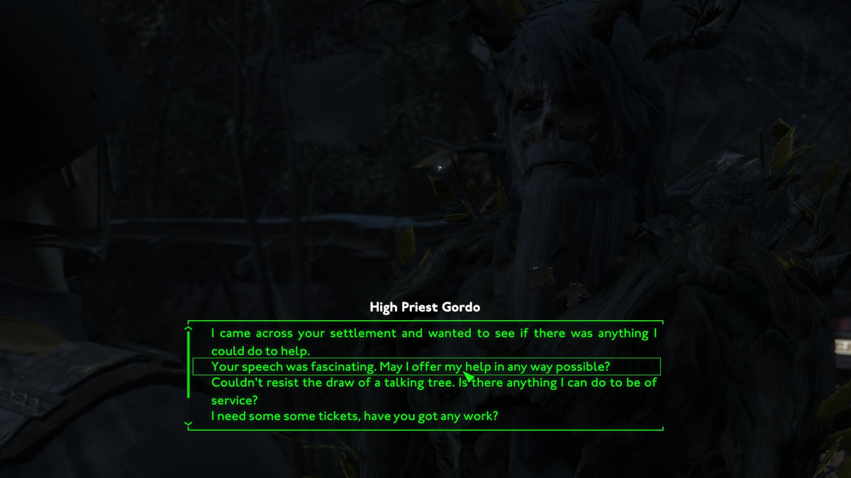 Fallout London settlement: NPC dialogue that starts a quest in the fallout 4 mod.