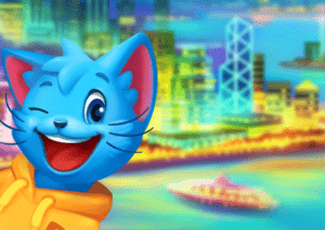 Bingo Blitz Credits: blue cat near a neon city.