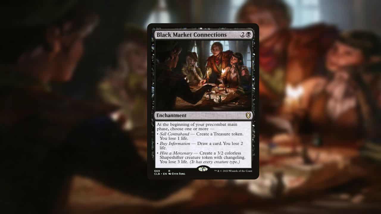 An image of the Black Market connections card in the Baldur's Gate set of MTG. Image captured by VideoGamer.