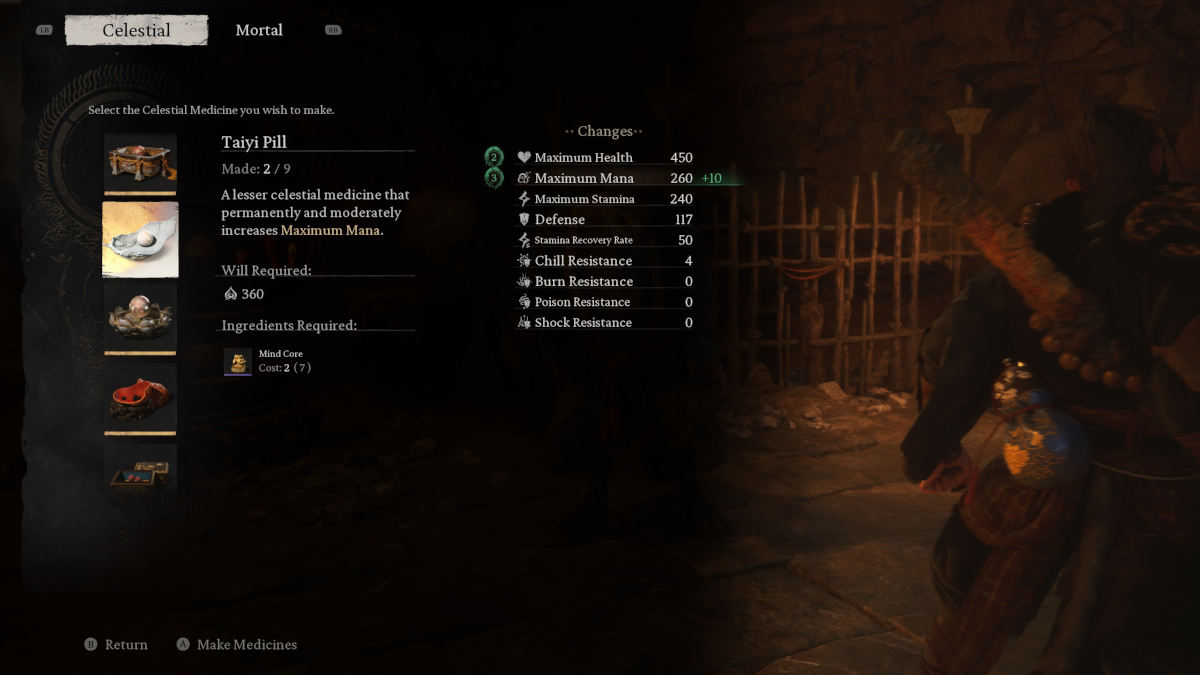 Picture of an upgrade menu from Black Myth Wukong that improves your mana.
