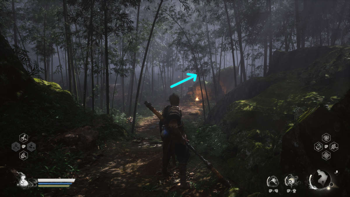 Picture of the Snake trail area of Black Myth Wukong. It has a misty flooded bamboo forest area.