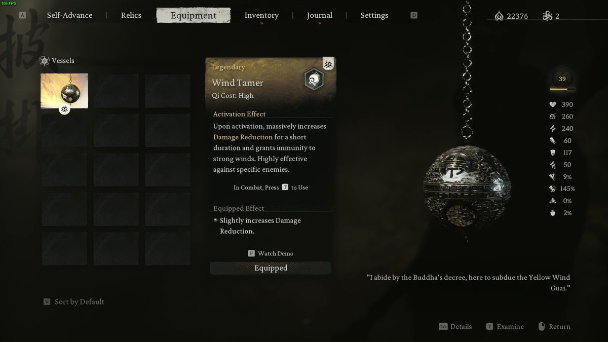 Picture of the vessel inventory screen in Black Myth Wukong.