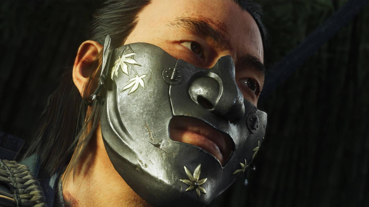 A close-up of Ghost of Yotei character in mask