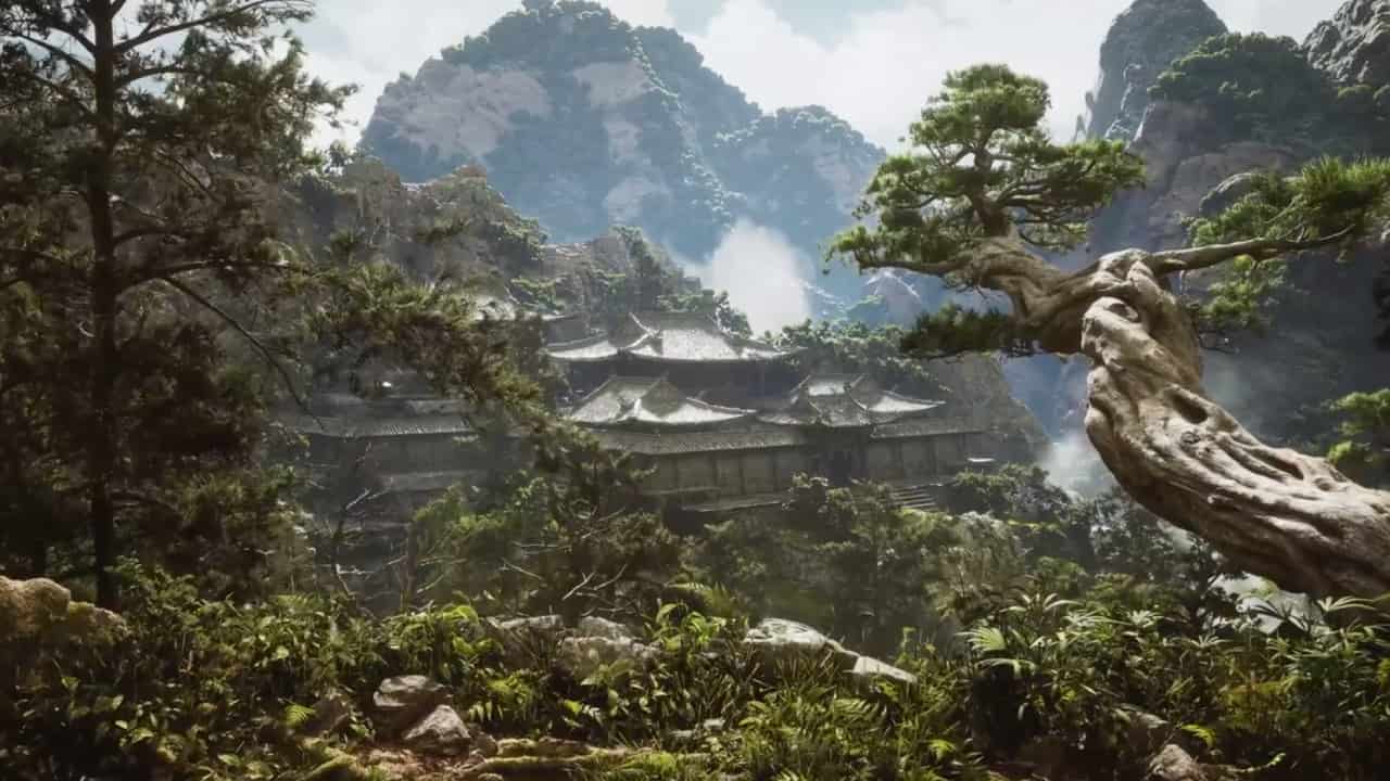 Black Myth Wukong release date window: A landscape shot of an ancient Chinese temple, hidden away in the dense forest-laden mountains.