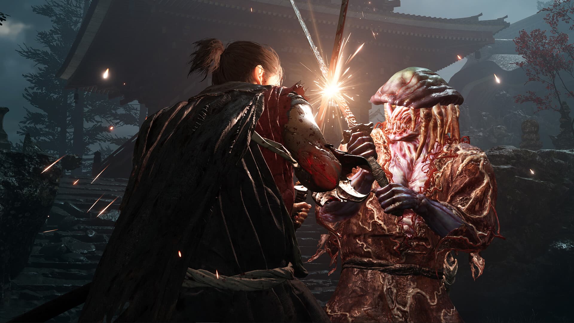 Musashi locking swords with a grotesque Genma enemy in Onimusha Way of the Sword