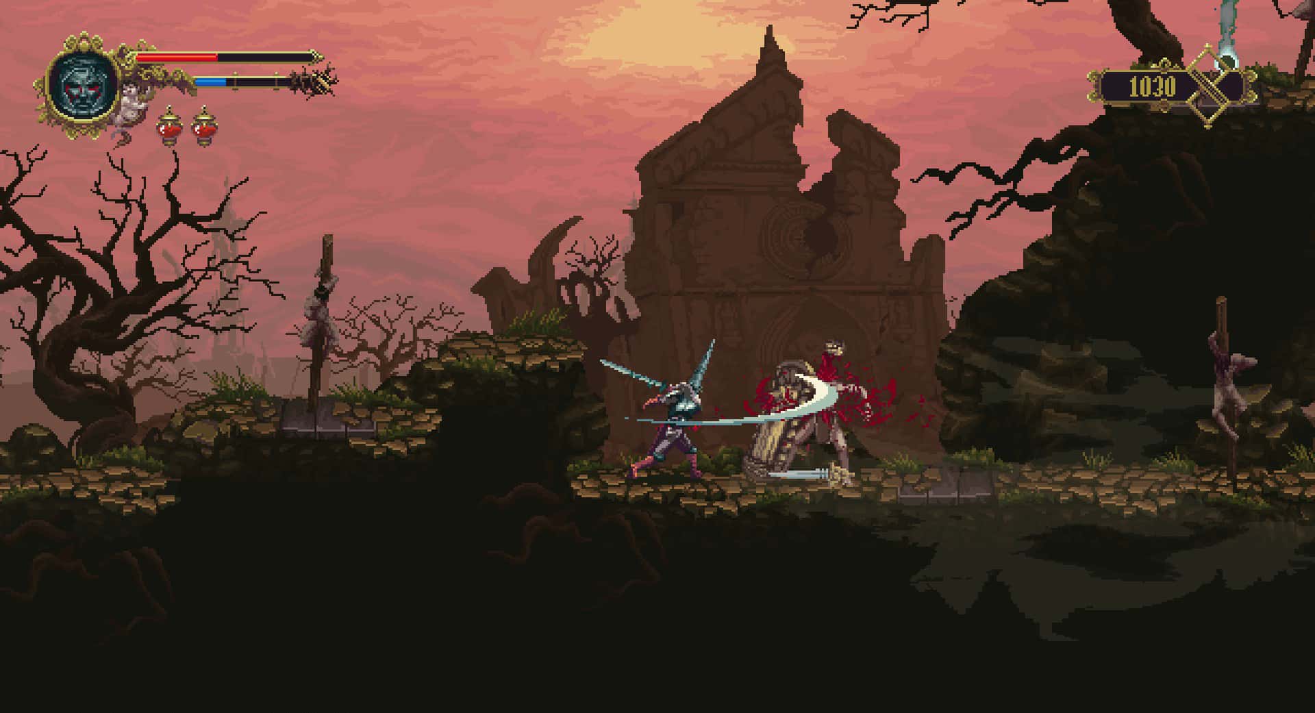 The Penitent One battles a hooded enemy in front of a ruined church at sunset in Blasphemous 2, surrounded by barren trees and crimson skies.