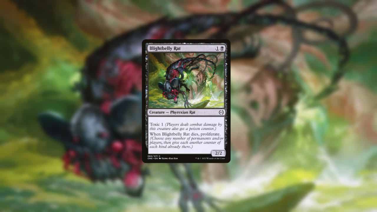An image of a Blightbelly Rat card in MTG. Image captured by VideoGamer.