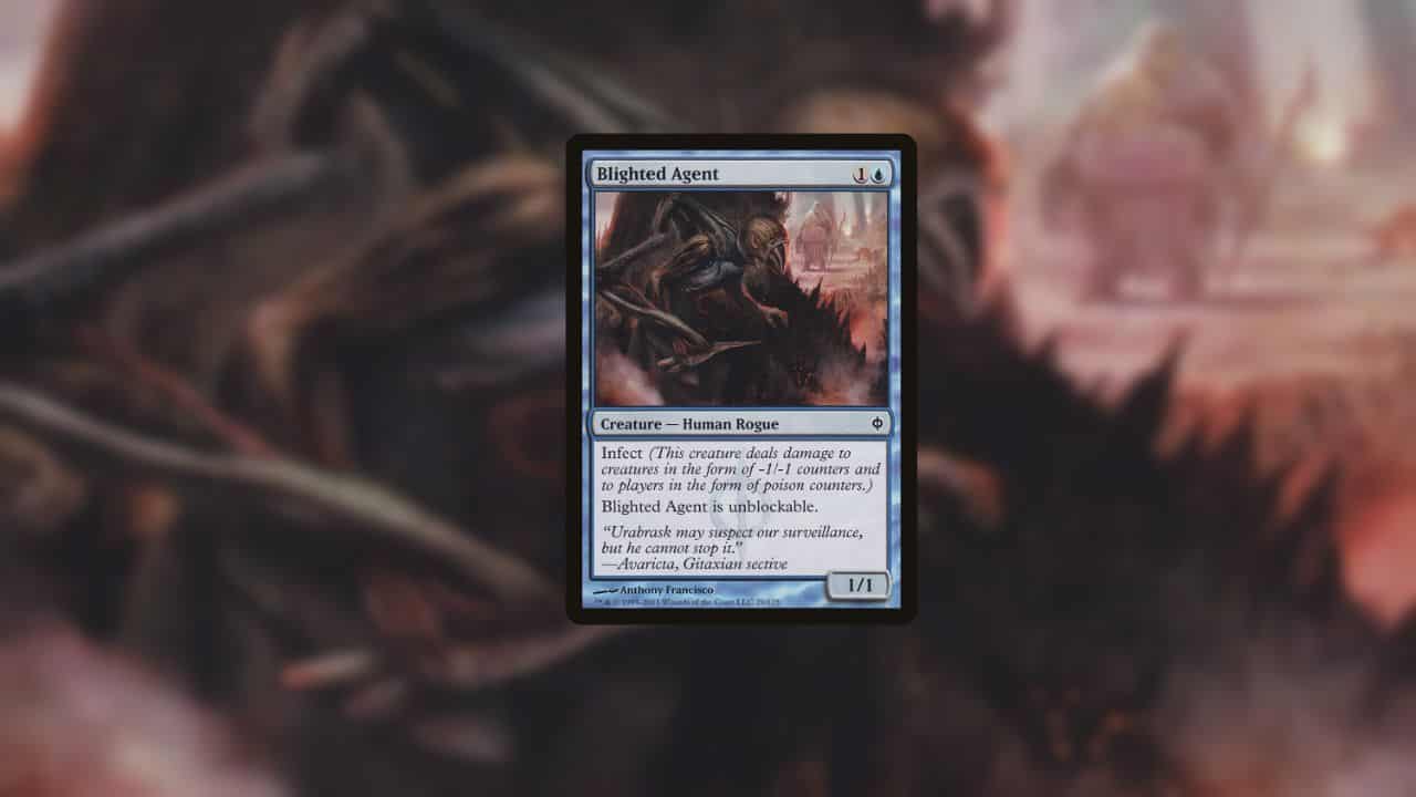 An image of a Blighted Agent card, showcasing how MTG poison works. Image captured by VideoGamer.