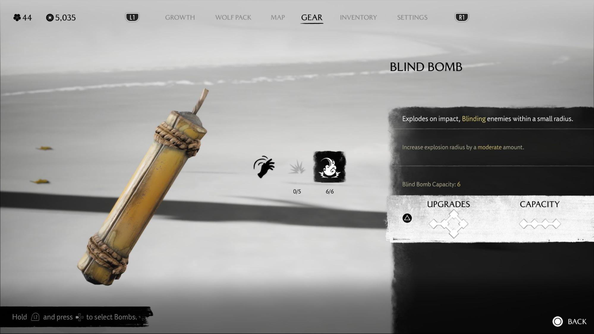 The Blind Bomb upgrade screen in Ghost of Yotei showing stats and capacity for blinding explosive weapon