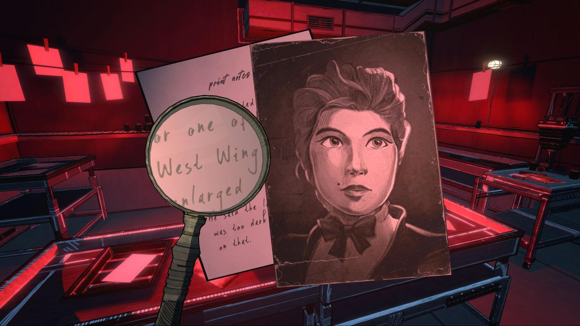 Magnifying glass inspects photograph and handwritten note inside darkroom in Blue Prince