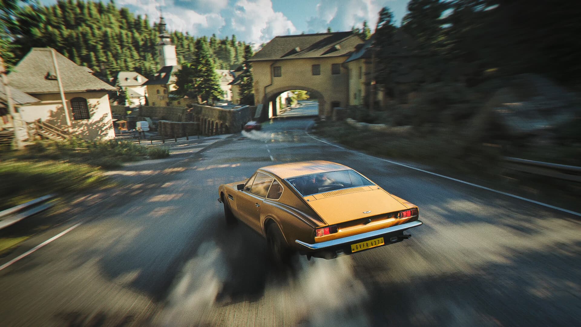 Classic yellow car speeding through a village road