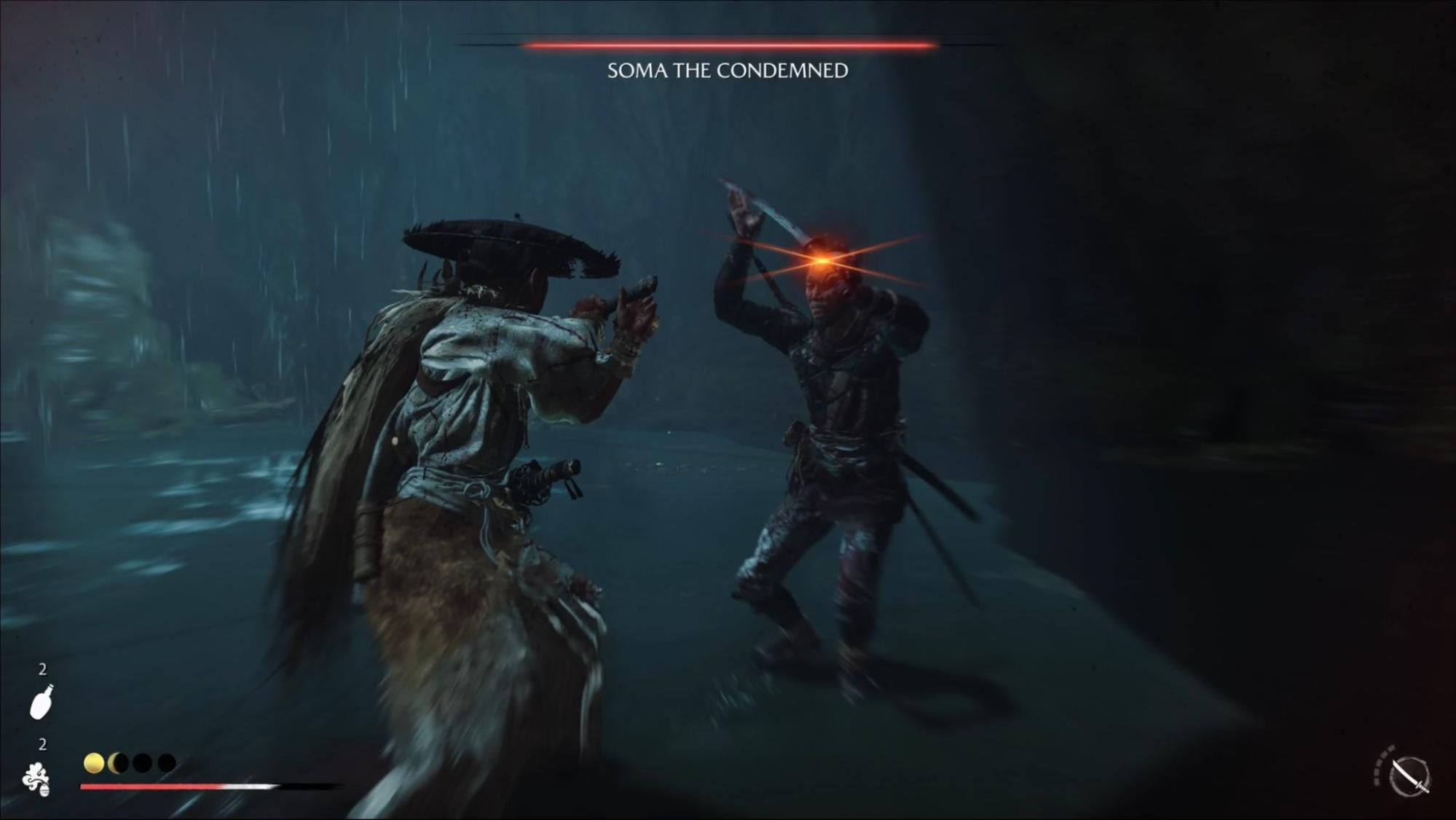 Atsu confronts Soma the Condemned as his eyes glow red in Ghost of Yotei